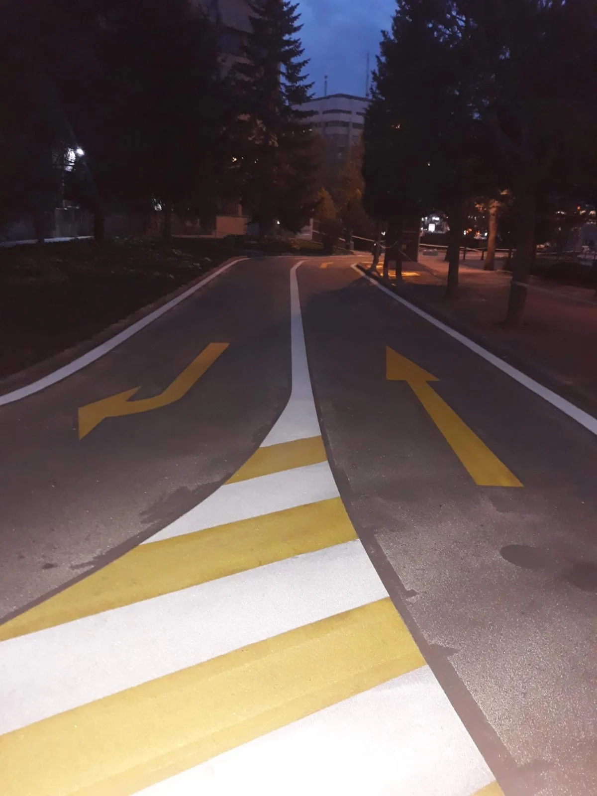 Asfalt yol ayrımı yön okları ve tarama uygulaması