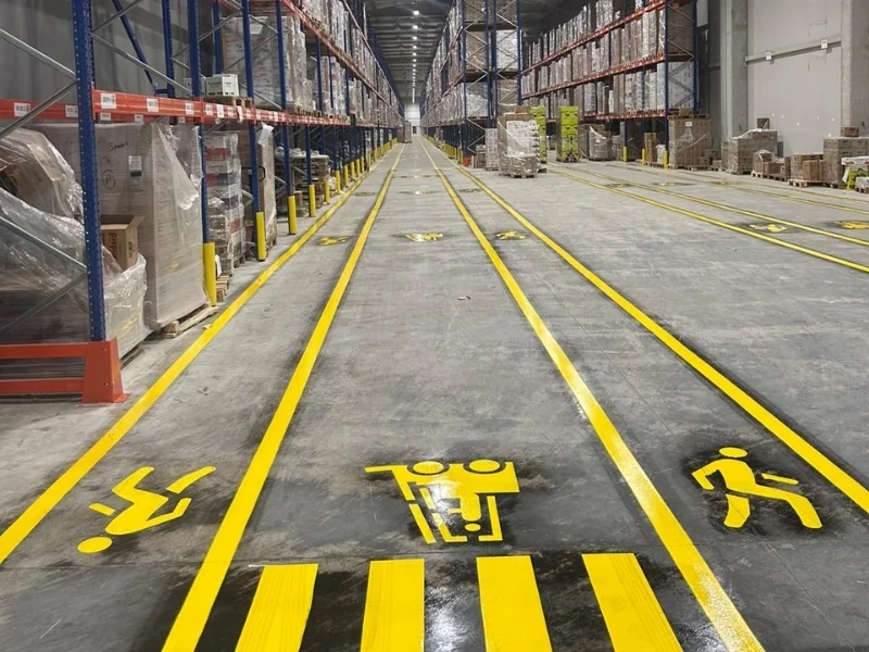 Fabrika deposunda sarı çizgilerle ayrılan forklift yolu, yaya yolu, geçiş şeritleri ve raf koridorları