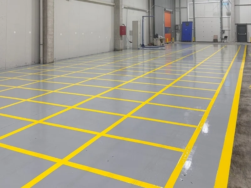 Fabrika deposunda palet ve stokların yerleştirilmesi için sarı çizgilerle oluşturulan bekleme alanı