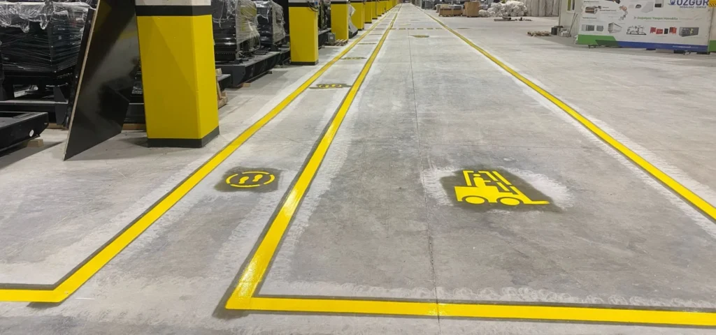 Fabrika zemininde sarı sınır çizgileri ve forklift sembolüyle belirlenen forklift yolu çizgileri